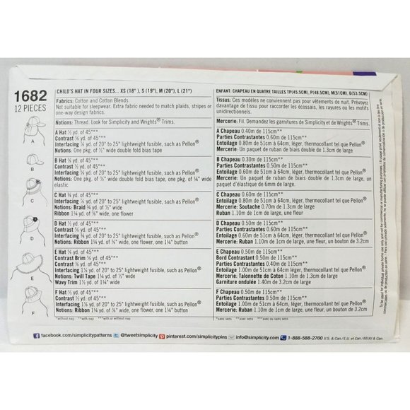 Simplicity Sewing Pattern 1682A girls hat Beach Easter 18"-21" uncut factory fol - Picture 2 of 3